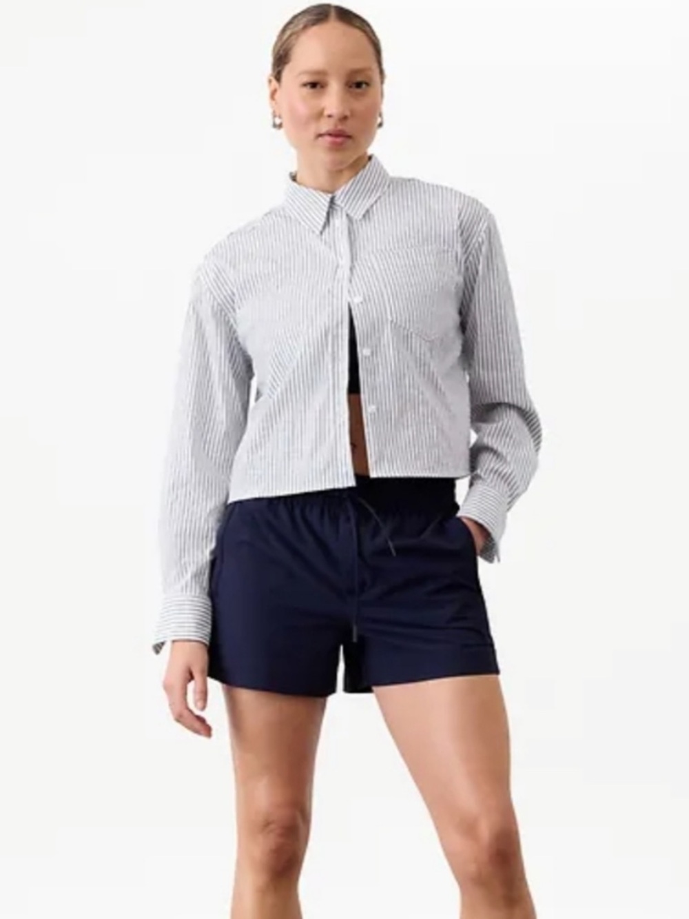 Athleta Midday Cropped Poplin Shirt Long Sleeve Button Up